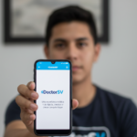 Hombre joven mostrando la aplicación DoctorSV en El Salvador. Símbolo de la transformación digital de la salud y el acceso a servicios médicos modernos. Imagen generada con IA para fines ilustrativos.